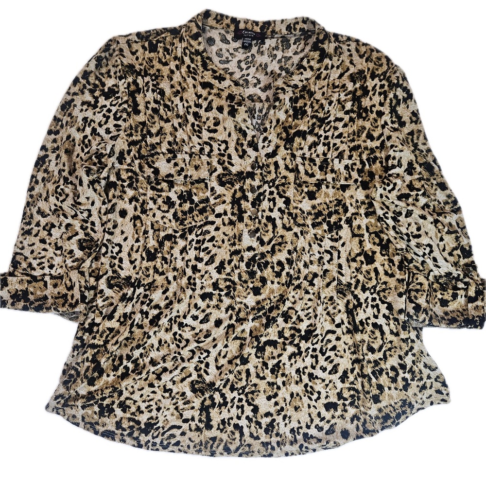Cocomo Petite Shirt Womens Petite XL Leopard Animal Print Roll Tab V Neck Blouse